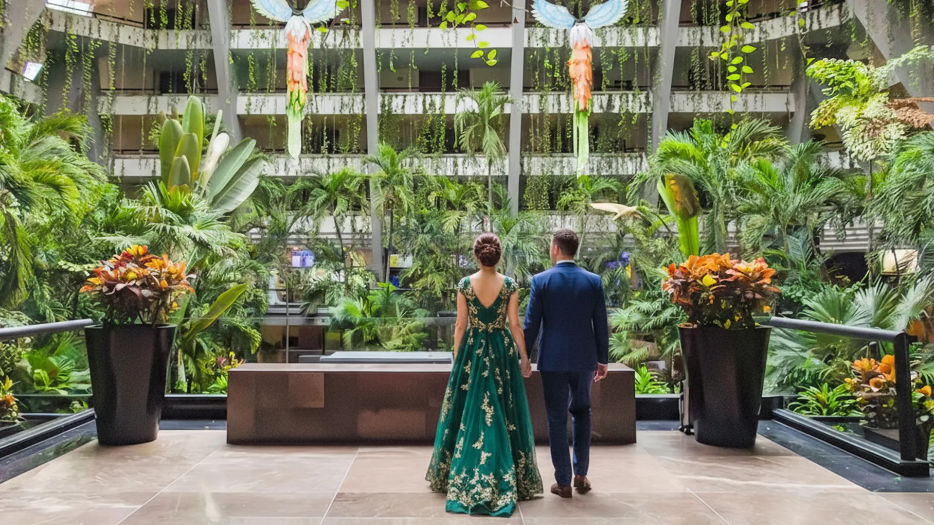 A couple standing hand-in-hand in front of a stunning indoor garden filled with lush greenery and beautiful flowers at Grand Oasis Cancun.
