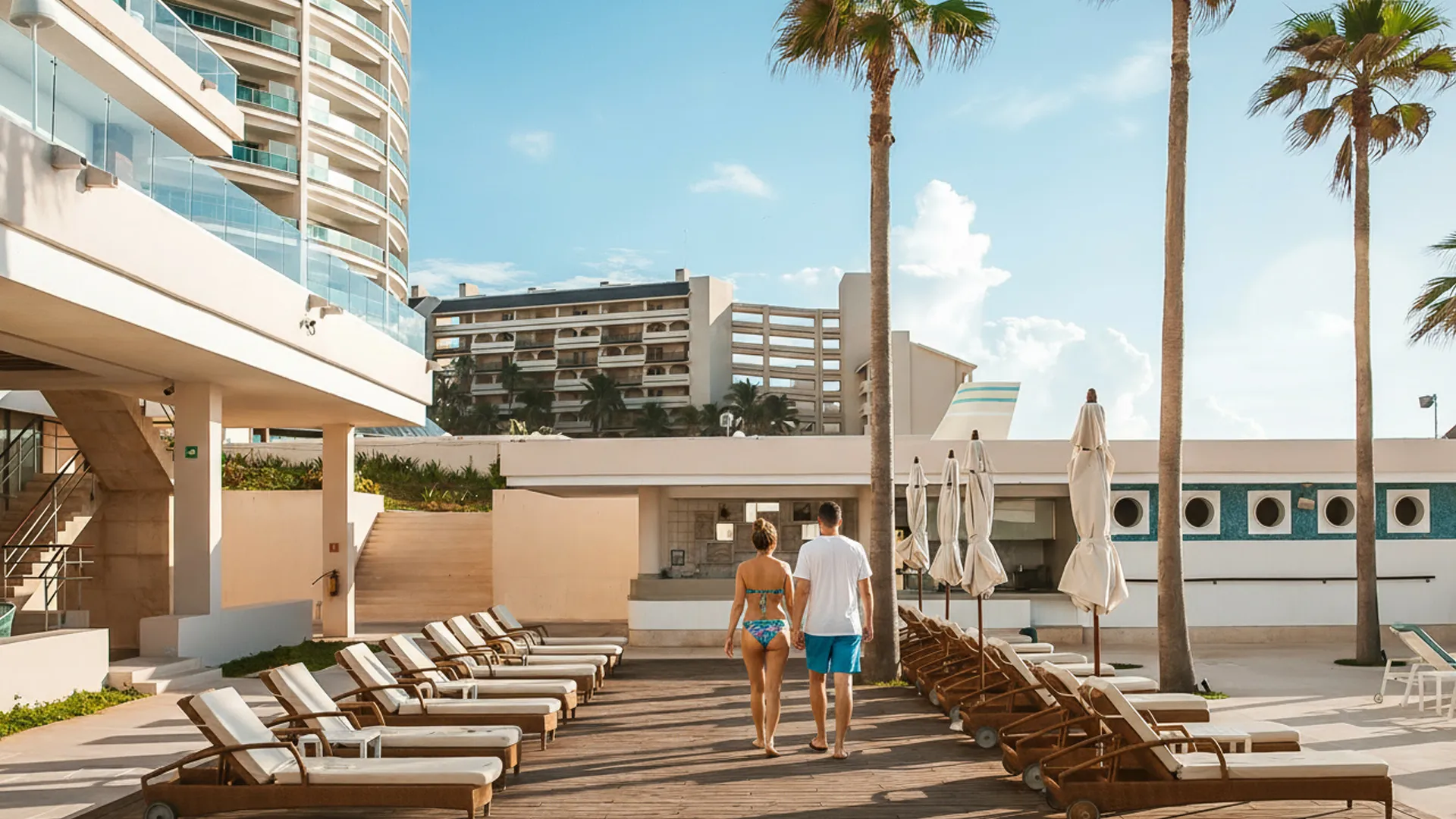 Outdoor lounging area with sunbeds and palm trees at Iberostar Cancun.
