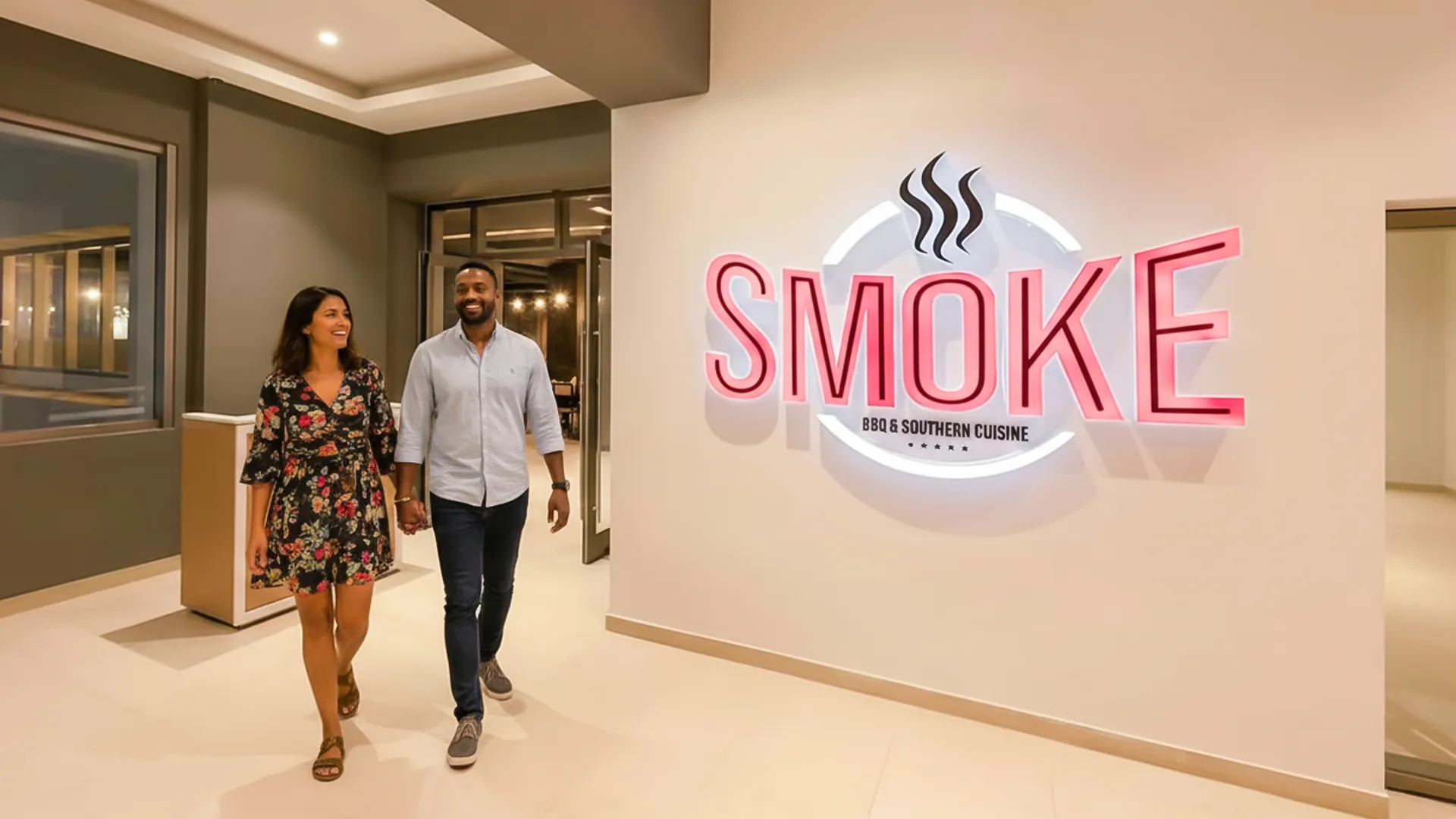 Couple walking into Smoke BBQ & Southern Cuisine restaurant at Royalton Splash Riviera Cancun.