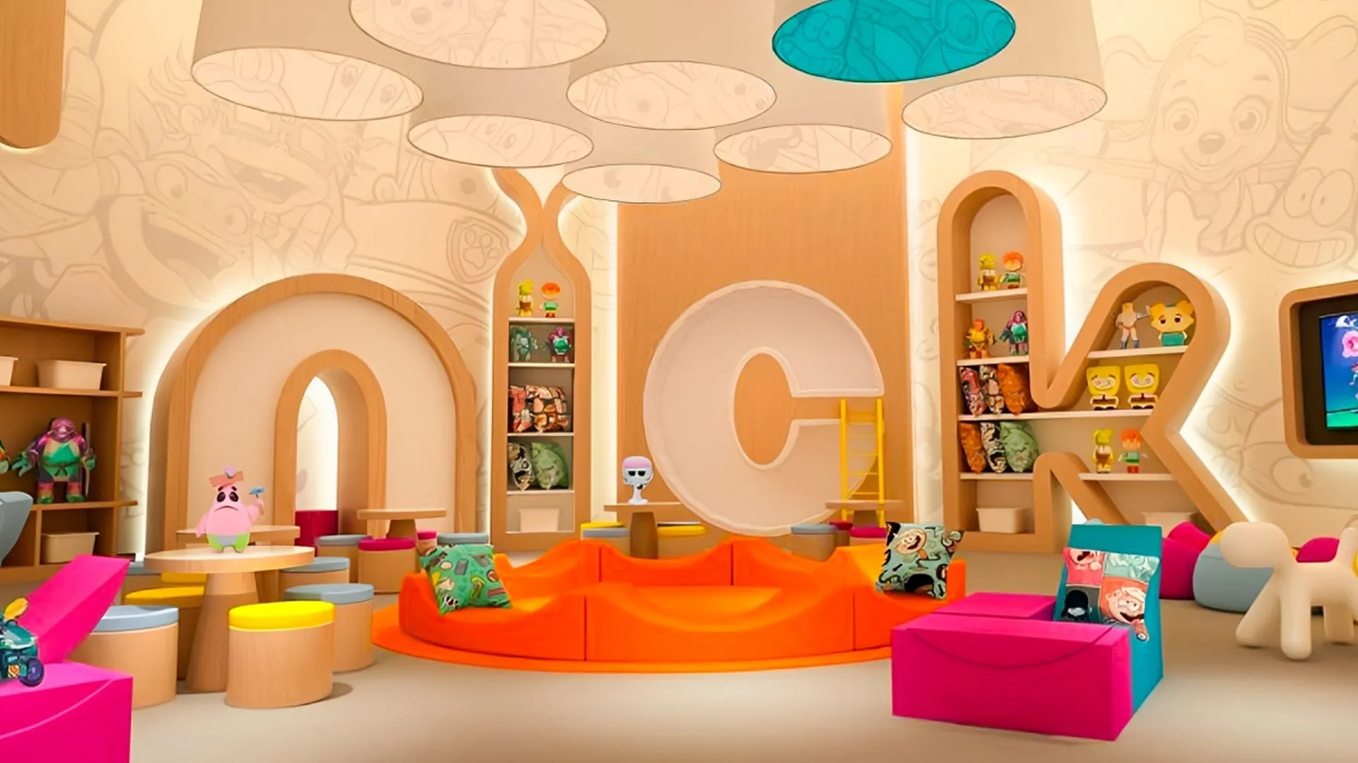 Colorful Nick Lounge at Nickelodeon Resort Cancun featuring cartoon-themed furniture, character toys, and cozy play areas for kids.