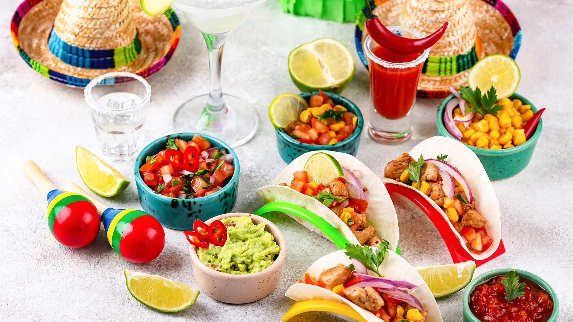 Colorful Mexican dishes at Riu Caribe Cancun including tacos, guacamole, and fresh salsa.