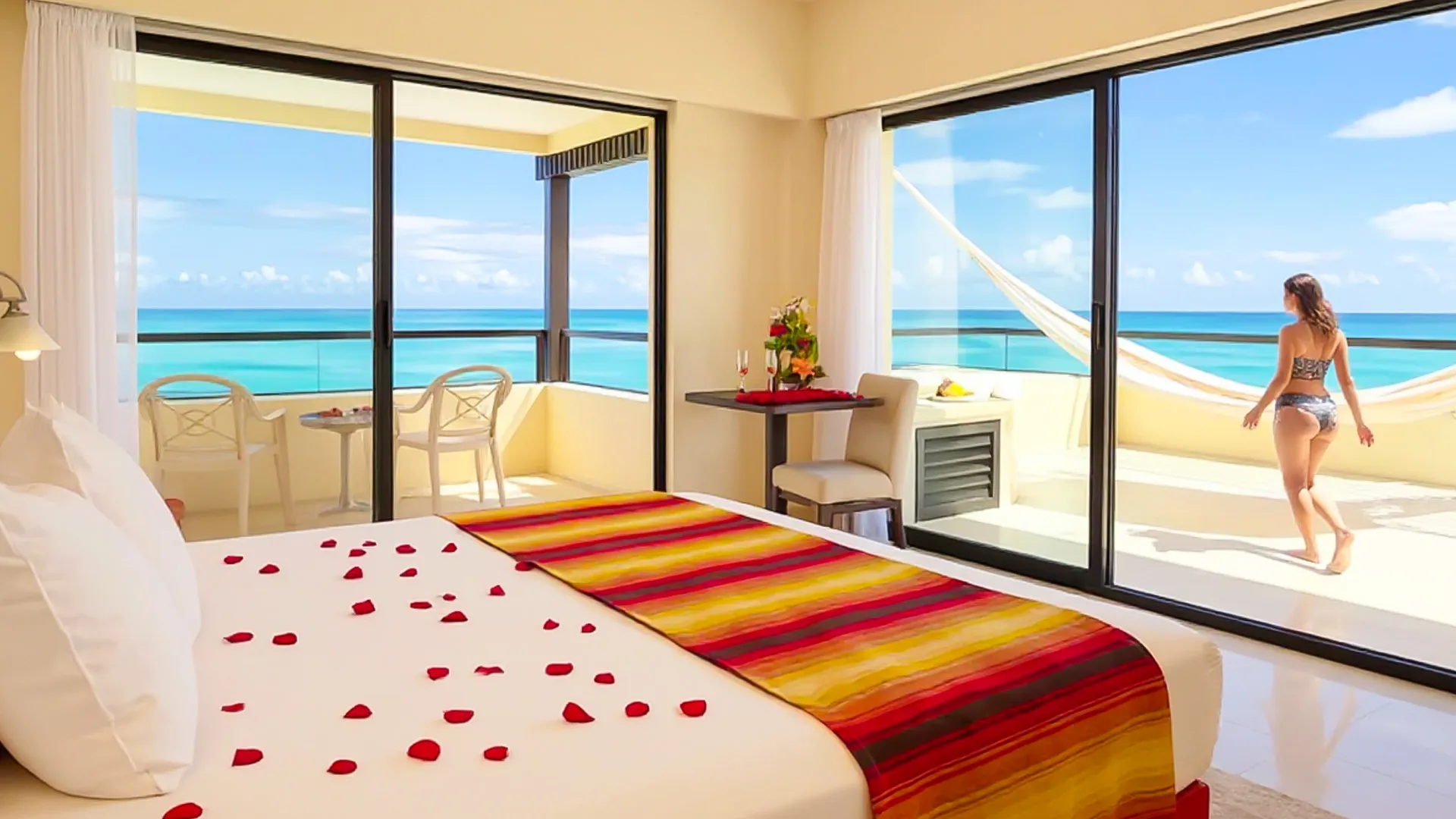Romantic junior suite at Crown Paradise Club Cancun, with a king bed covered in red rose petals and a vibrant red and orange striped duvet, sheer white curtains, a hammock strung across the room, a side table with champagne flutes and flowers, and sliding doors opening to a balcony overlooking the turquoise sea under a blue sky.