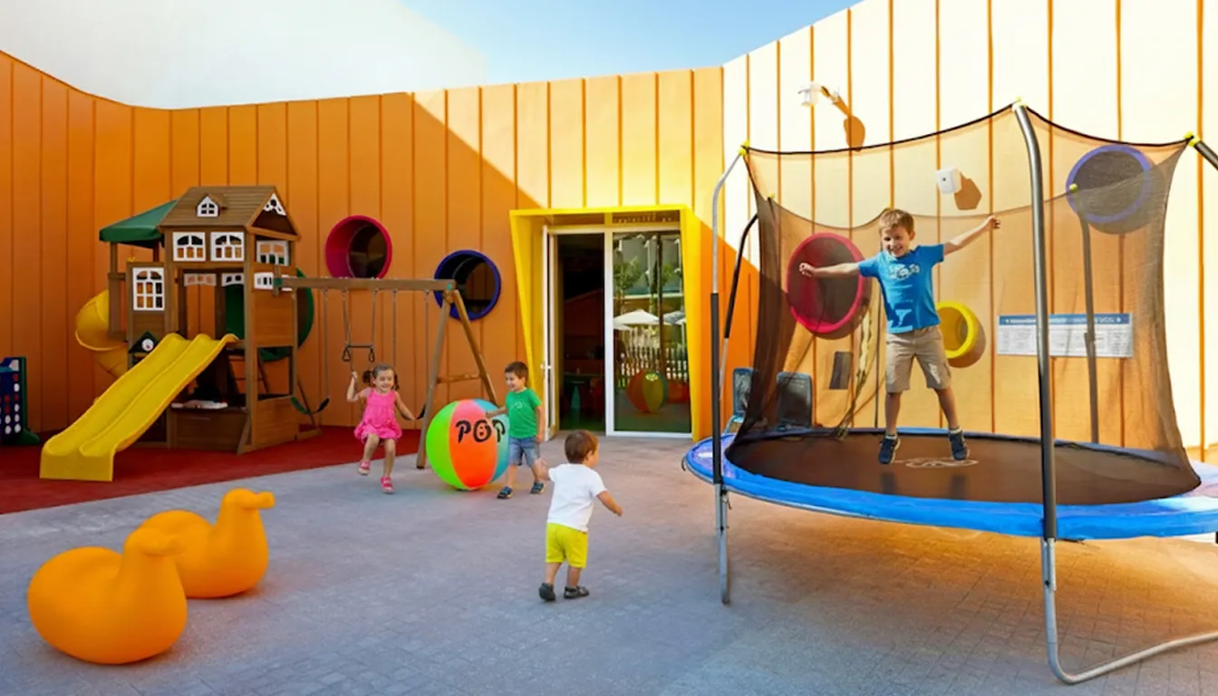 A children's play area at Grand Palladium Cancun Resort with kids playing on a trampoline, colorful equipment, orange balls, and a yellow slide, set against a beige building.