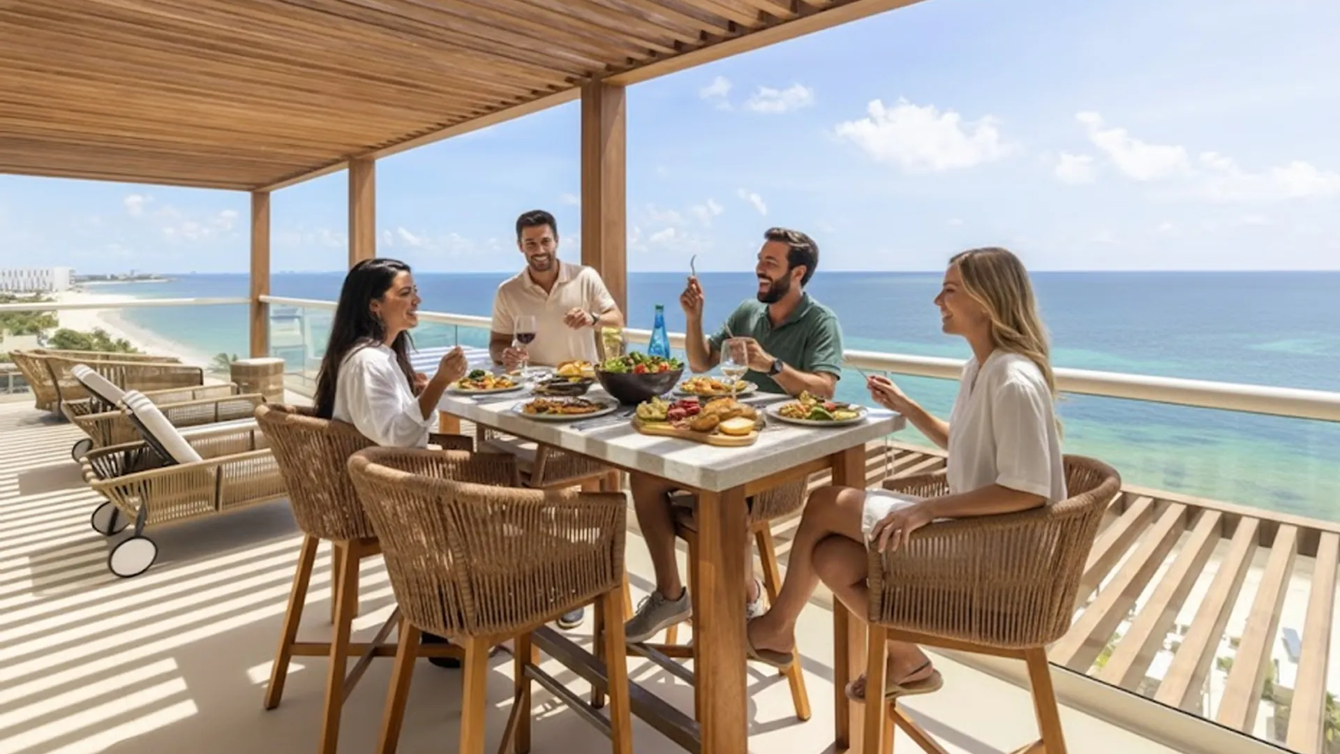 Group of friends enjoying lunch on an ocean-view terrace at Royalton Splash Riviera Cancun.