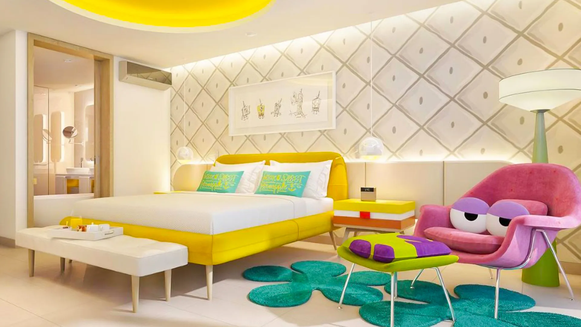 Modern SpongeBob-inspired suite at Nickelodeon Resort Cancun with bright yellow bed, playful décor, and cartoon-style furniture.