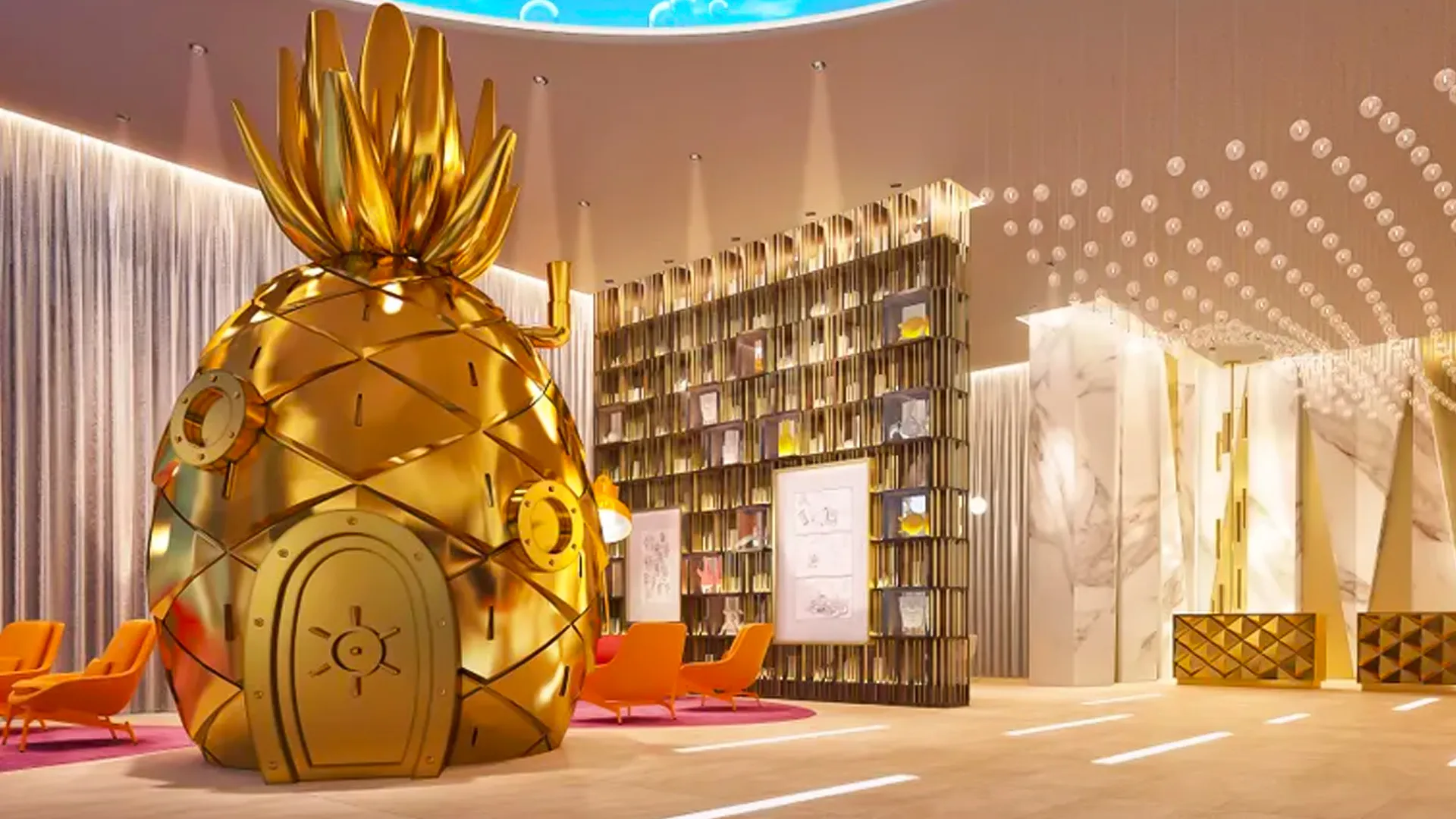 Golden pineapple structure in the elegant lobby of Nickelodeon Resort Cancun, surrounded by modern décor and artistic lighting.