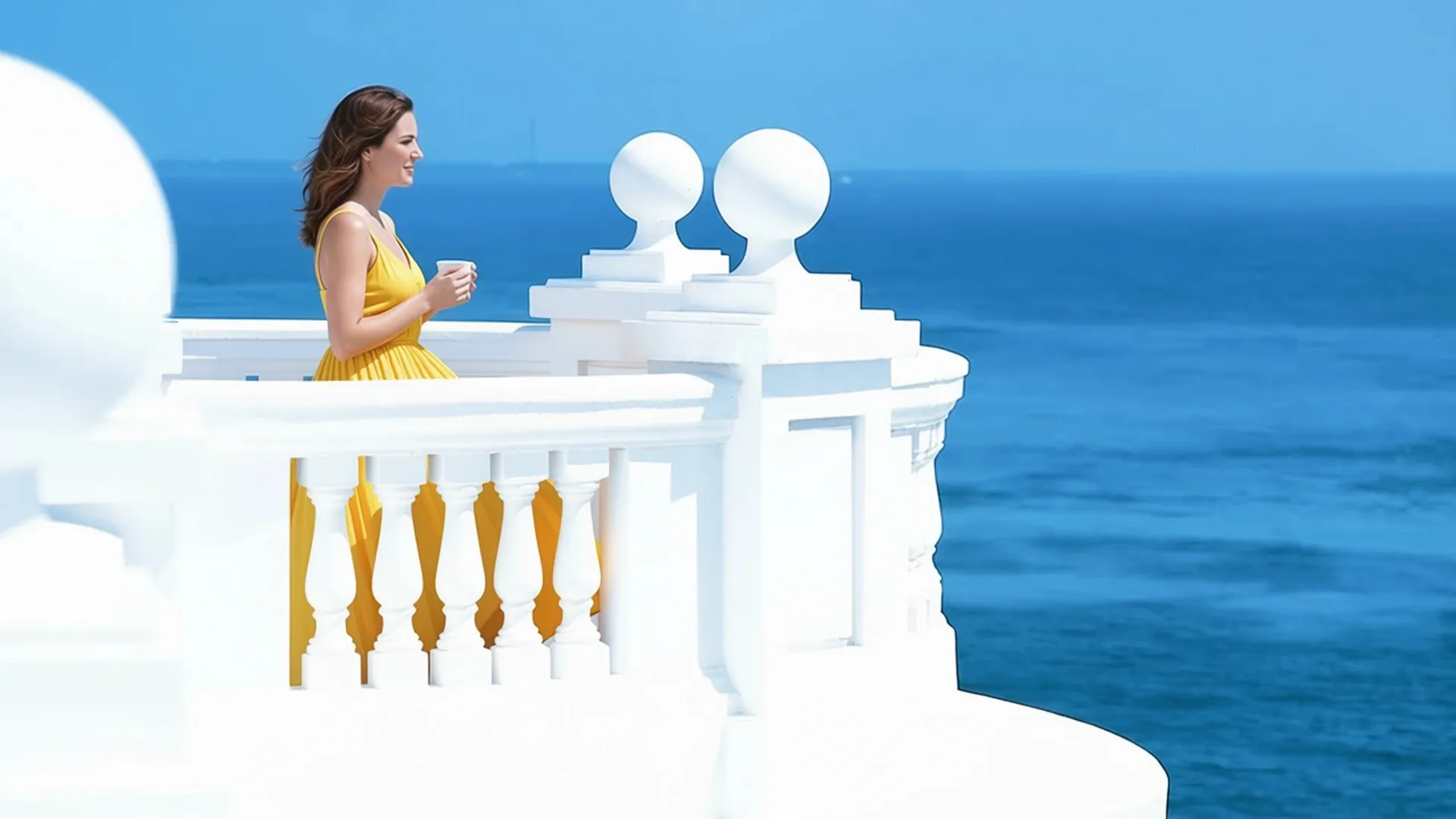 A woman in a yellow dress holding a cup, standing on a white balcony with ornate railings, overlooking a vast blue ocean under a clear sky.