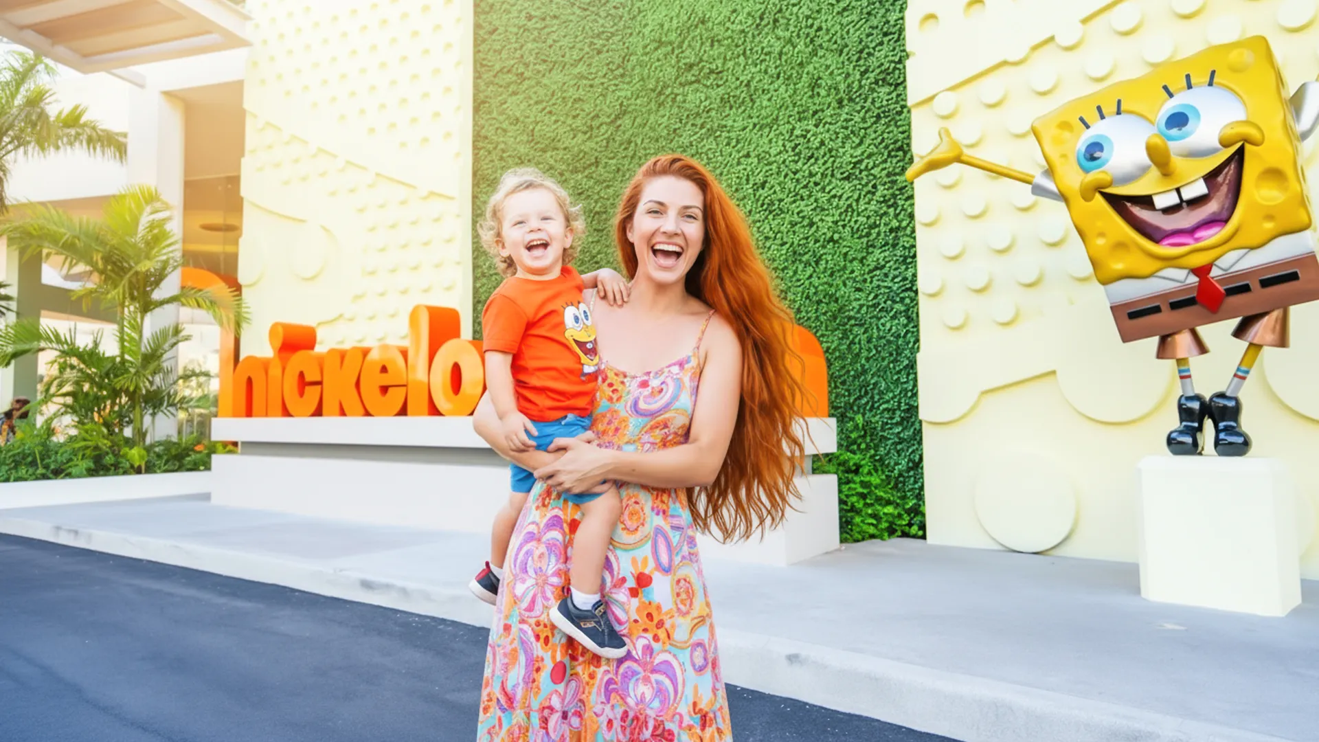 A woman with long red hair holding a smiling child wearing a SpongeBob shirt, standing in front of a "Nickelodeon" sign and a SpongeBob statue with tropical greenery