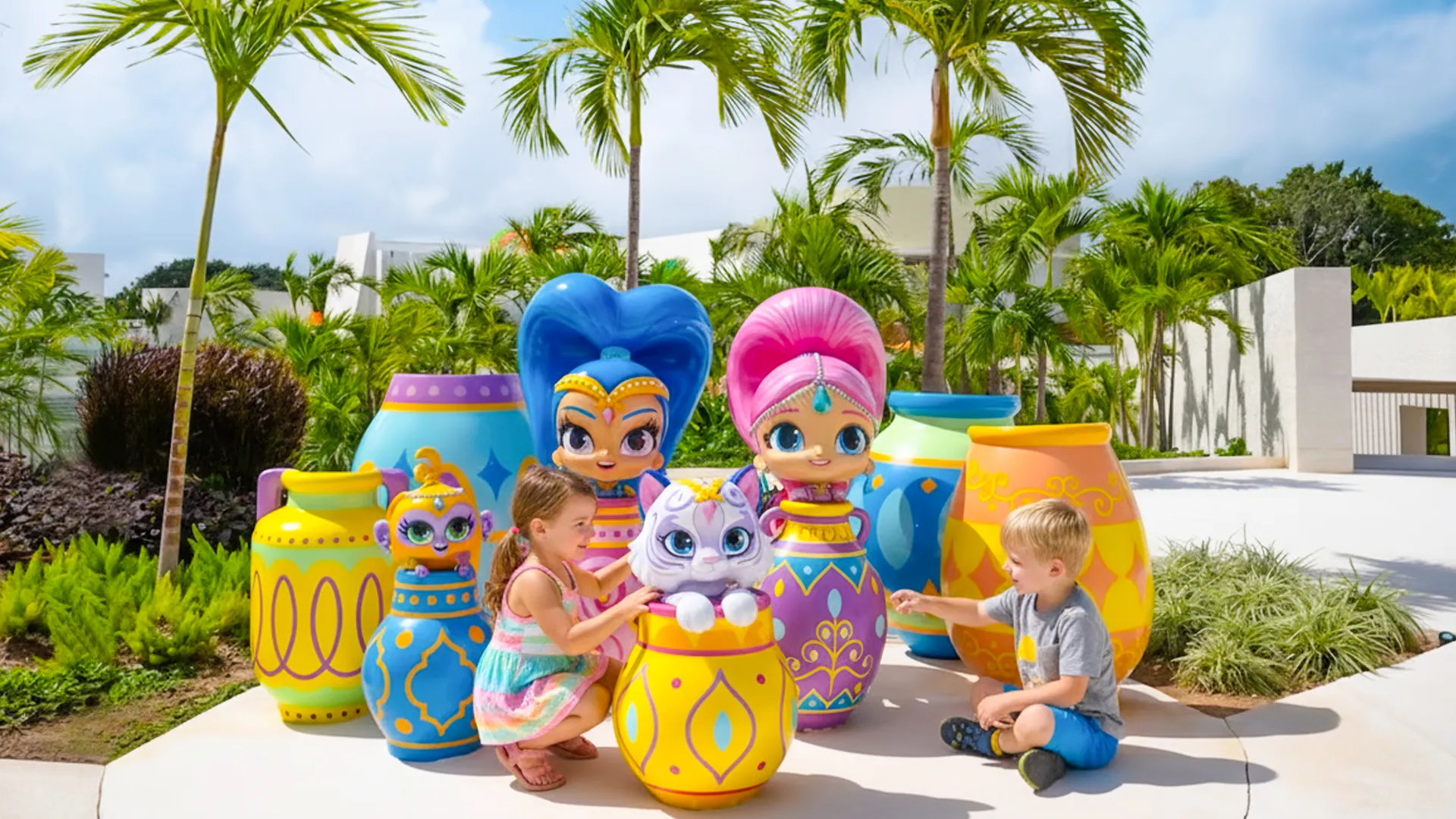 Two children and a girl playing with colorful Shimmer and Shine character statues and decorative pots, surrounded by palm trees and lush greenery at a resort.