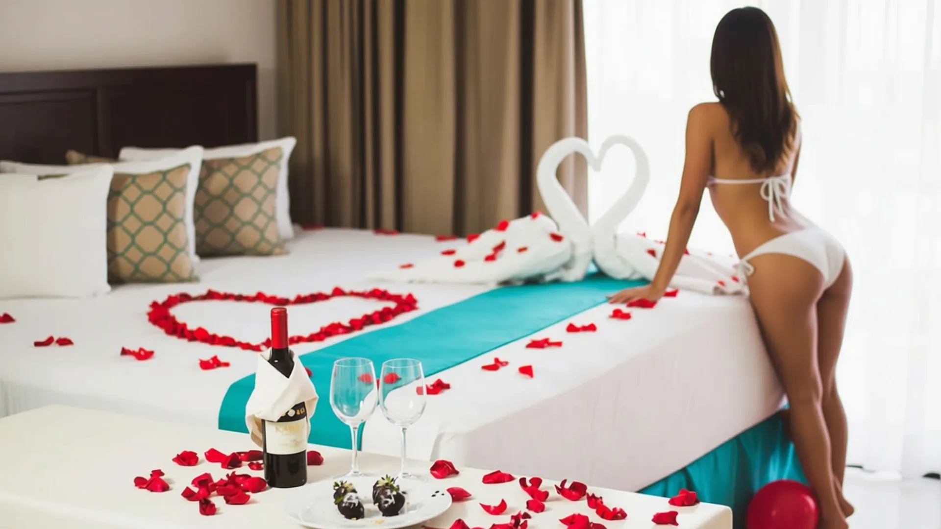 A romantic hotel room setup with a bed adorned with red rose petals, a heart-shaped swan towel decoration, a bottle of wine, two wine glasses, chocolate-covered strawberries on a table, and a person in a white bikini leaning over the bed near a window with sheer curtains.