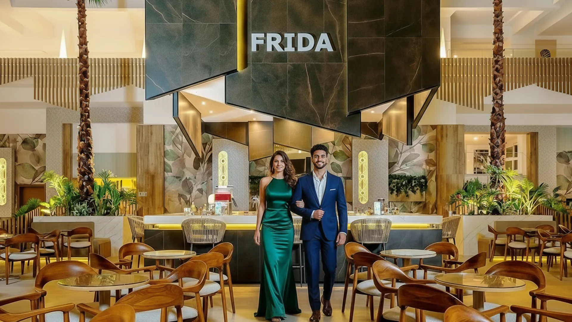 A stylish restaurant interior with a couple in formal attire (green dress and blue suit) walking through, surrounded by wooden chairs, round tables, potted plants, and a modern bar area with a "FRIDA" sign