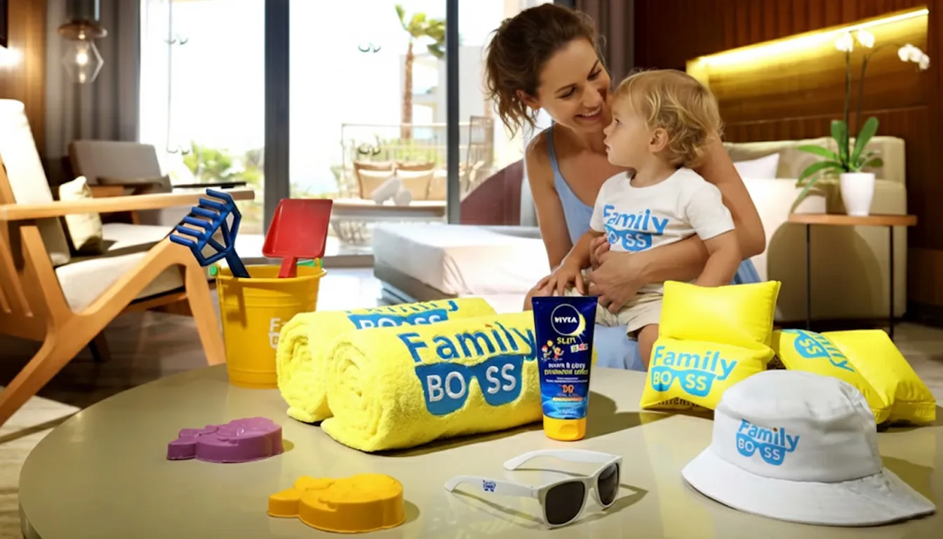 A parent and child at Grand Palladium Cancun Resort sitting on the floor with colorful toys, a bottle of sunscreen, and a white hat with a blue logo, near a window with natural light.