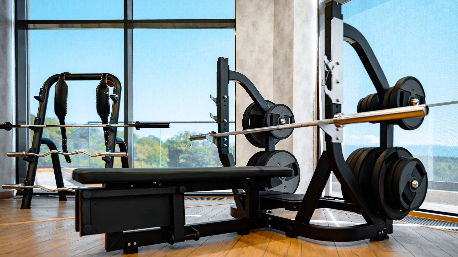 Modern gym interior with weight benches, barbells, and exercise machines against floor-to-ceiling windows overlooking a blue ocean and palm trees, natural light flooding the wooden-floored space.