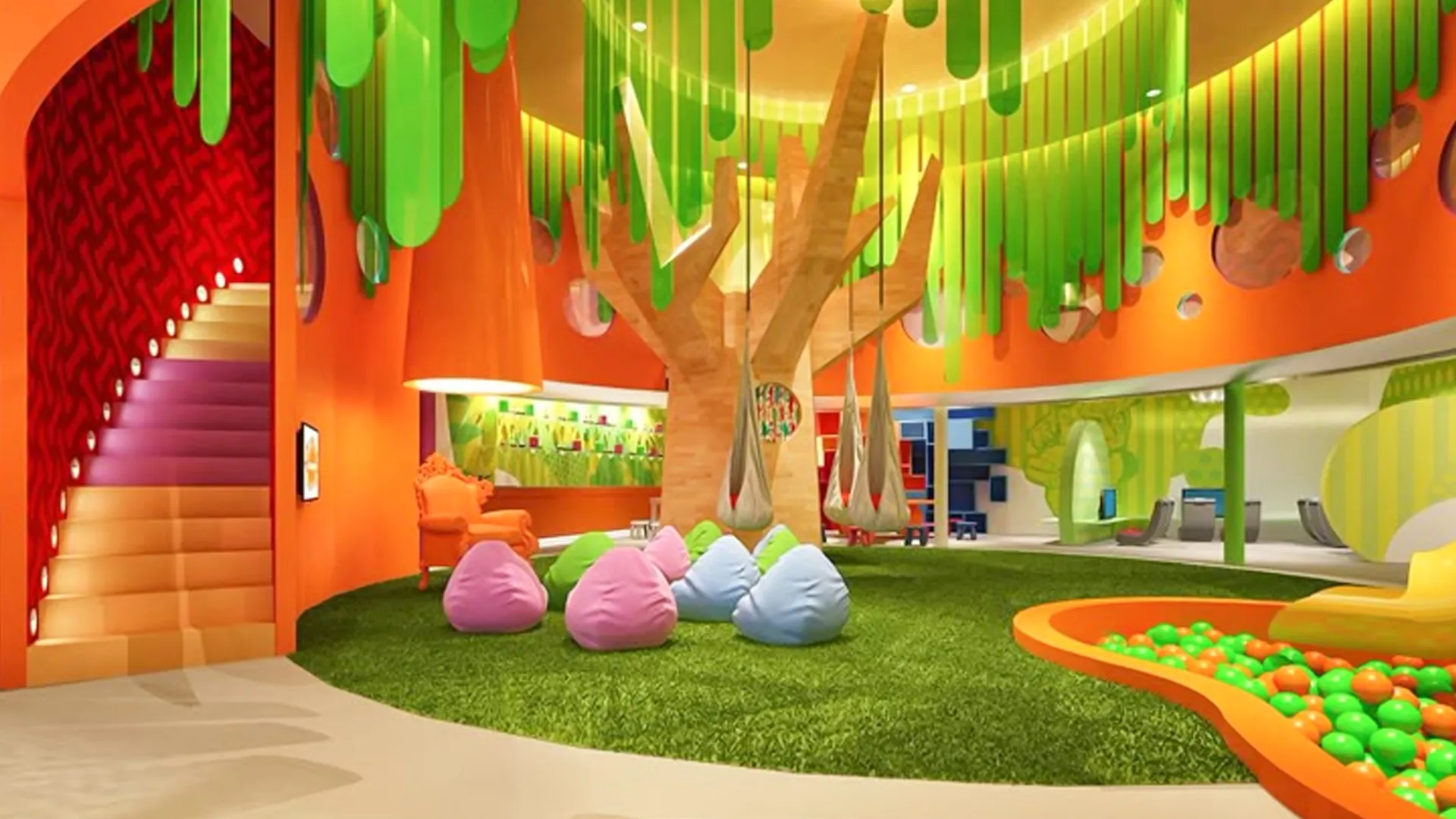 Colorful Nickelodeon-themed kids club at Nickelodeon Resort Cancun with hanging swings, bean bags, and slime-inspired ceiling décor.
