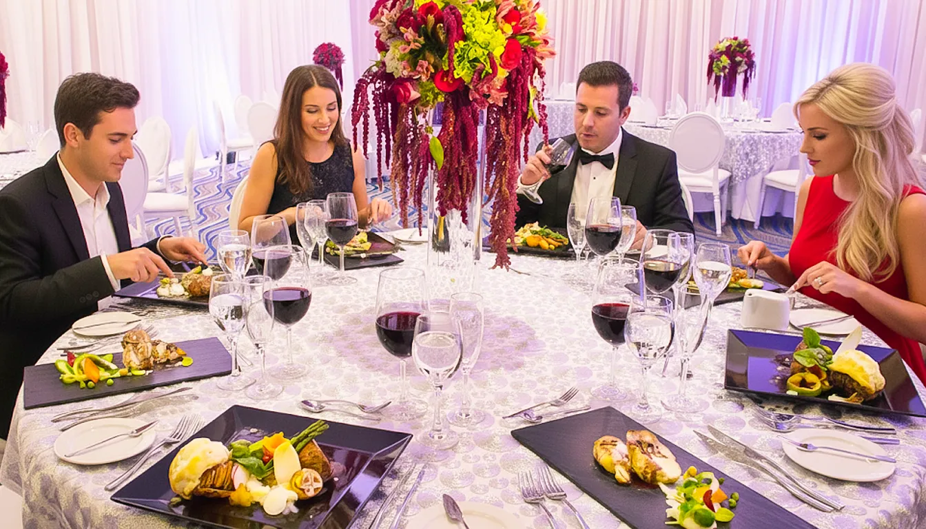 Elegant fine dining setup at Royalton Riviera Cancun with guests enjoying gourmet dishes and wine in a sophisticated restaurant setting.
