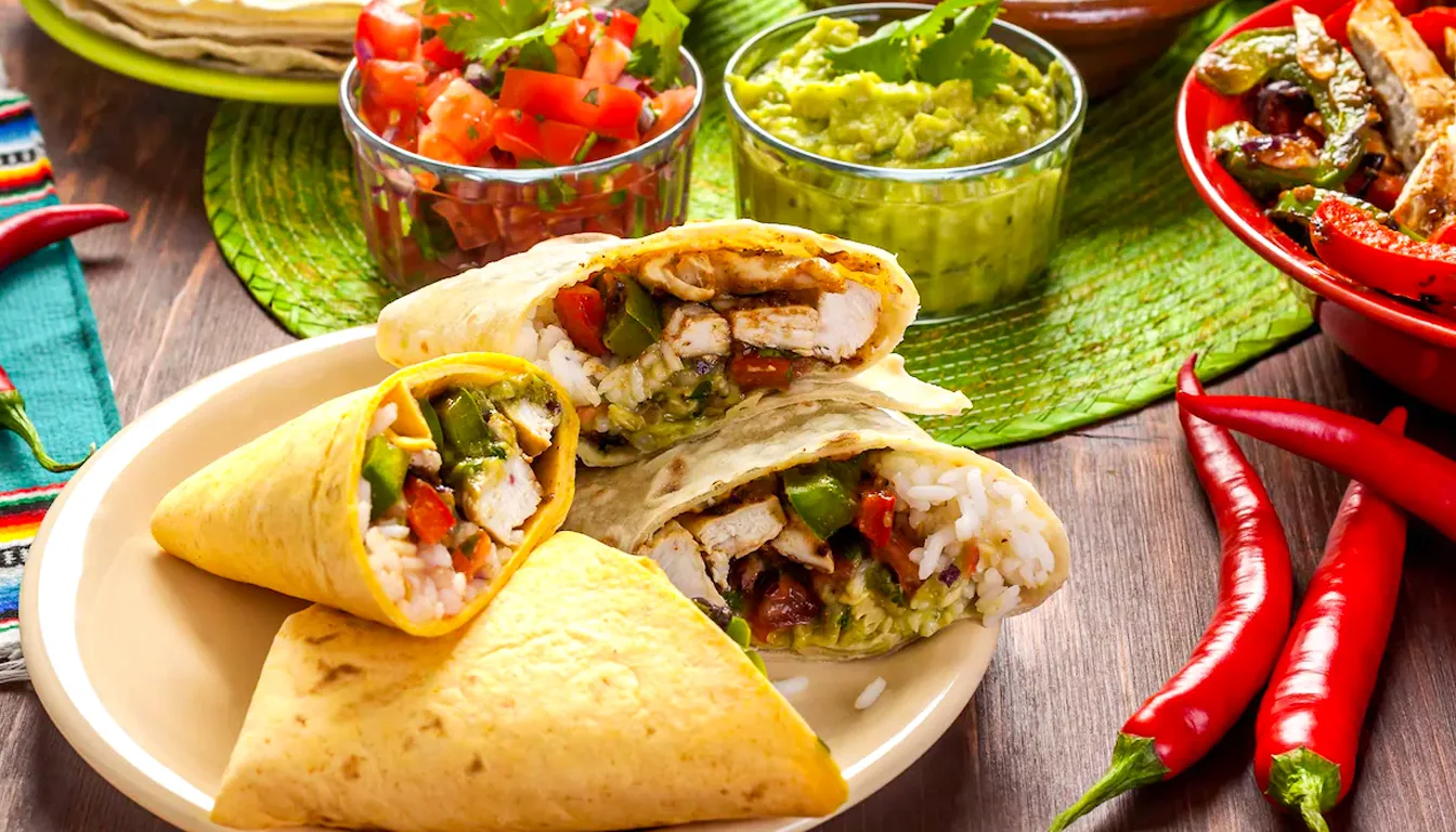 A plate of Mexican burritos with visible fillings, accompanied by bowls of salsa and guacamole, and red chili peppers on a wooden table with a green mat.