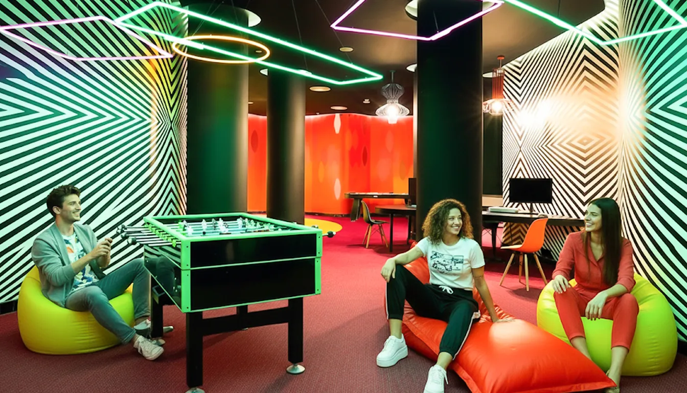 A group of young people relaxing in a colorful game room at Grand Palladium Cancun Resort, with green and red decor, bean bags, and a piano.