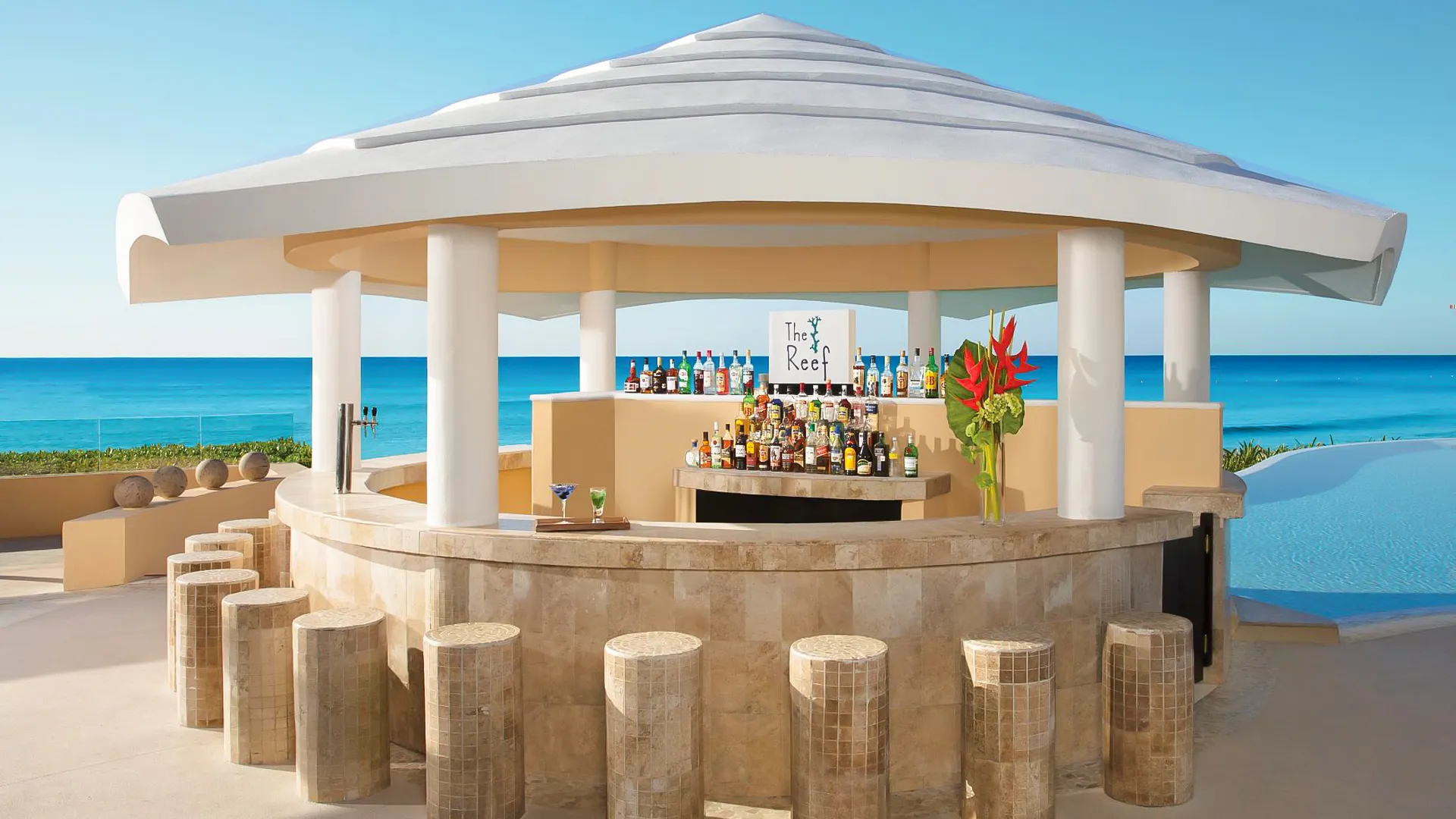 A beachfront swim-up bar at a Cancun resort, featuring a curved stone bar with wooden stools, shelves stocked with colorful liquor bottles, tropical red flower arrangements, a cocktail glass on the counter, and an infinity pool edge overlooking the clear turquoise ocean under a vibrant blue sky.