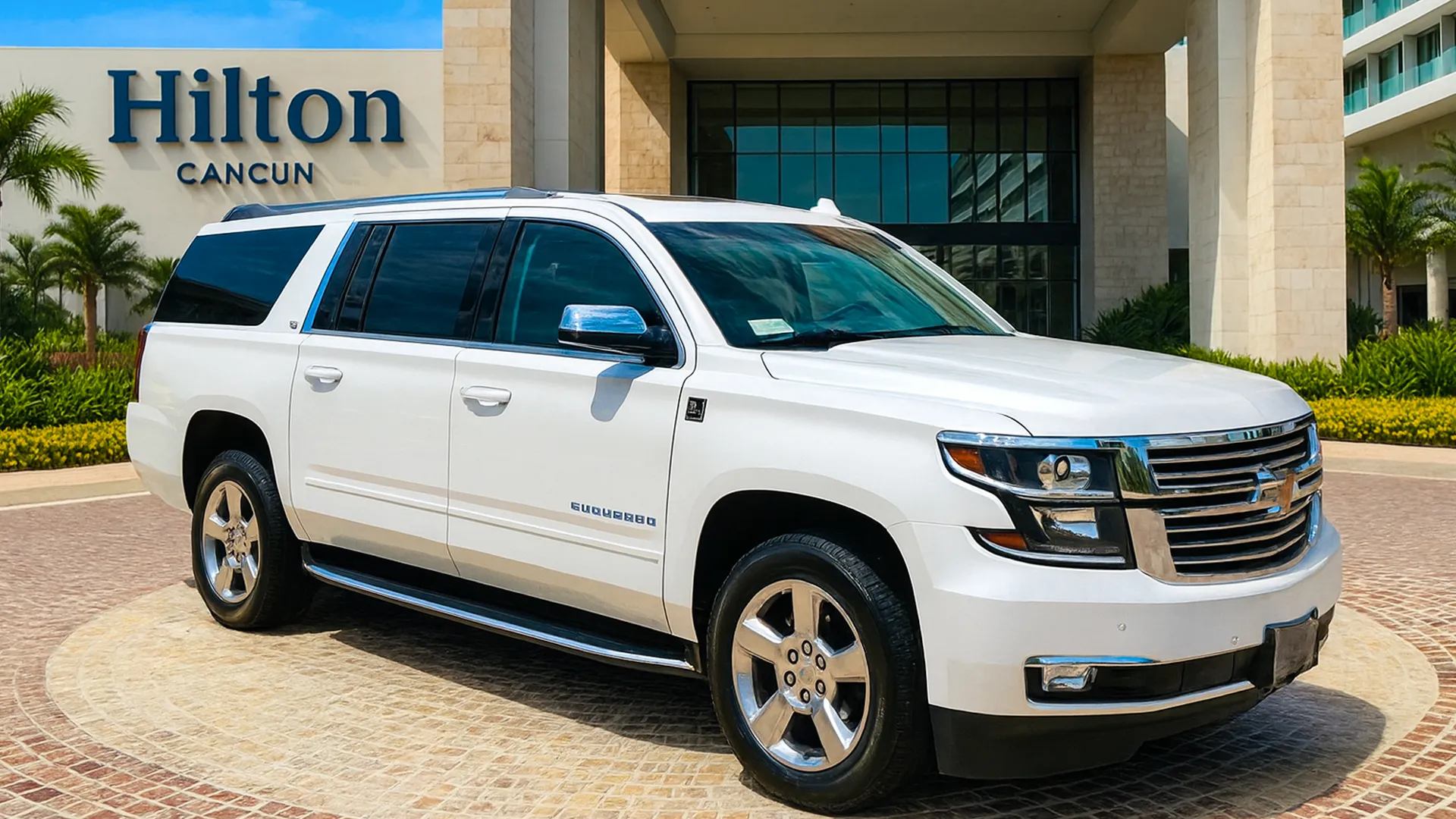 Private airport transfer SUV parked at the main entrance of Hilton Cancun resort.
