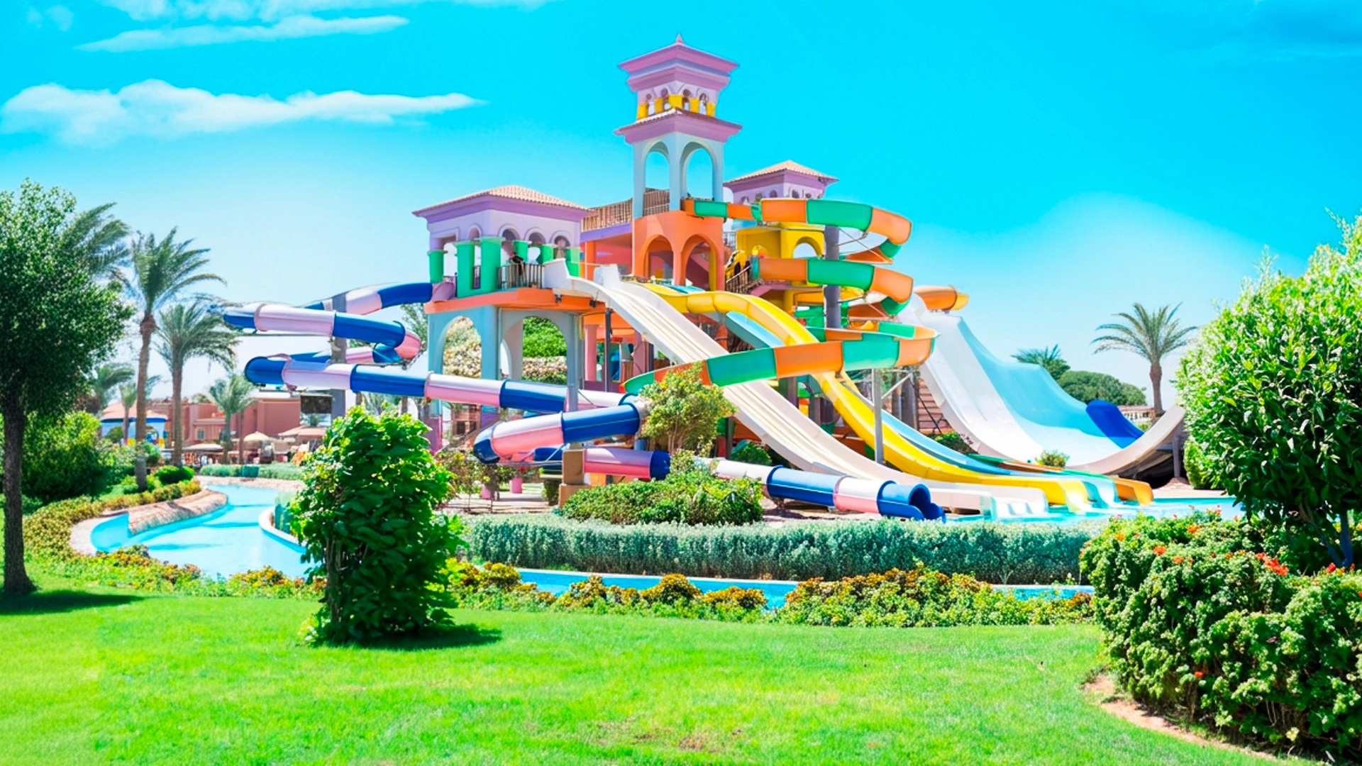 Colorful water slides at a tropical family resort surrounded by palm trees and bright green gardens.