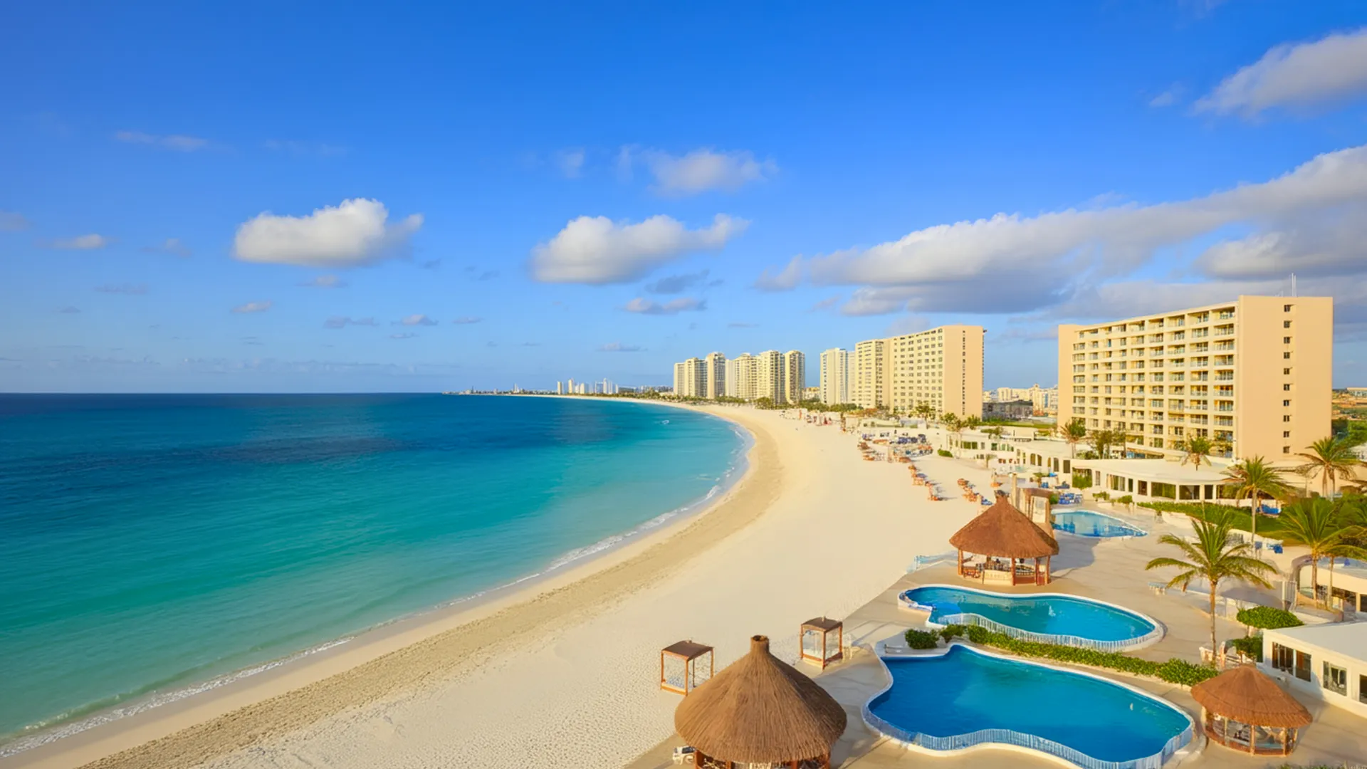  A beautiful view of Krystal Cancun resort with the beach and ocean in the foreground, showcasing its beachfront location.