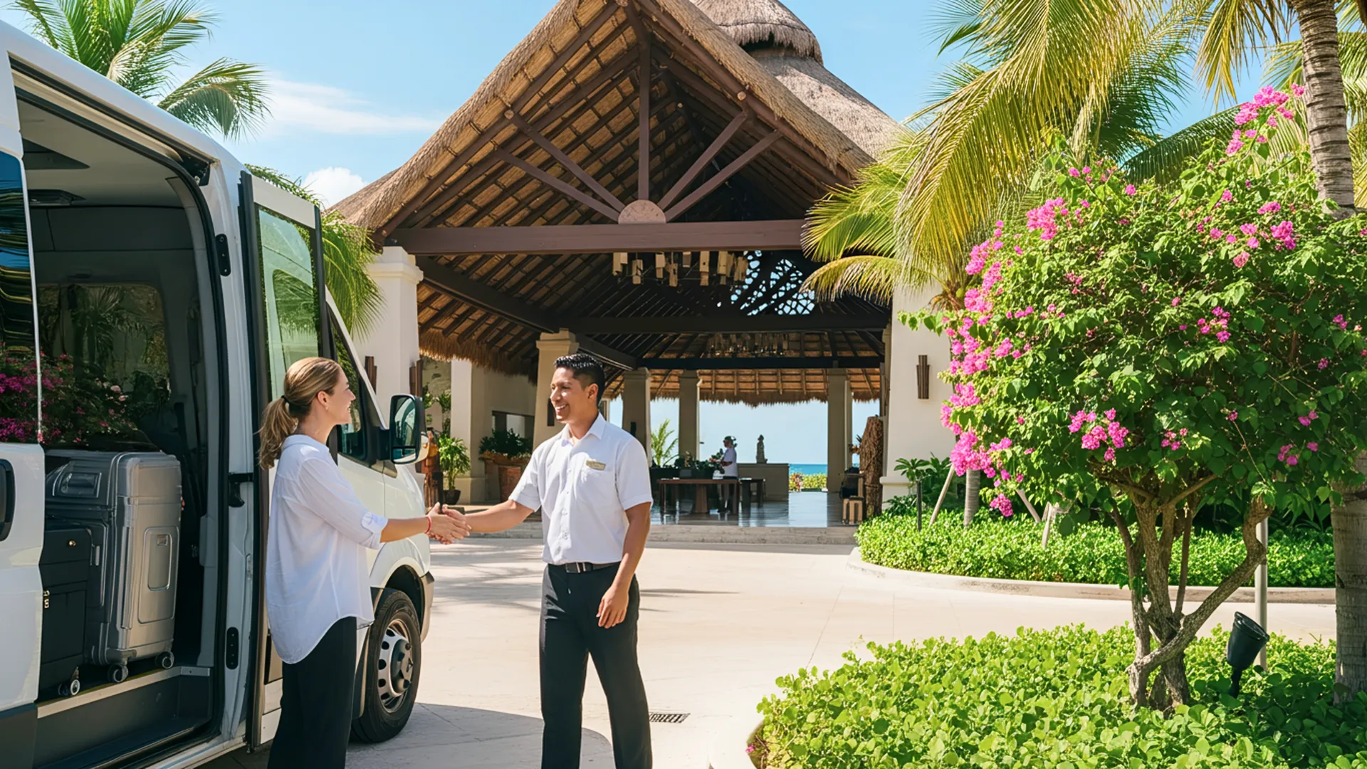  A hotel staff member greeting guests arriving at Krystal Cancun, offering a warm welcome with a tropical atmosphere.