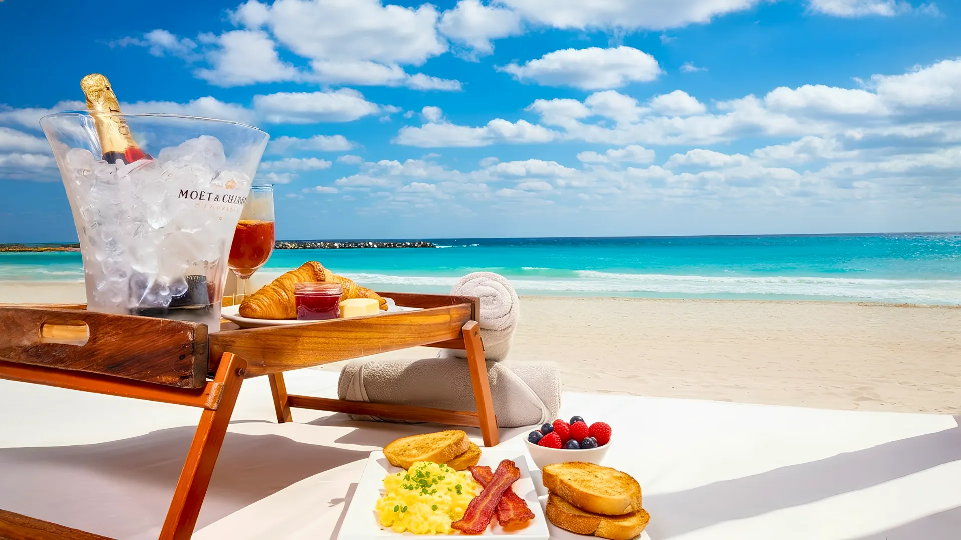 A luxurious beachfront setup at Krystal Cancun with a basket of refreshing fruits and beverages on a table.
