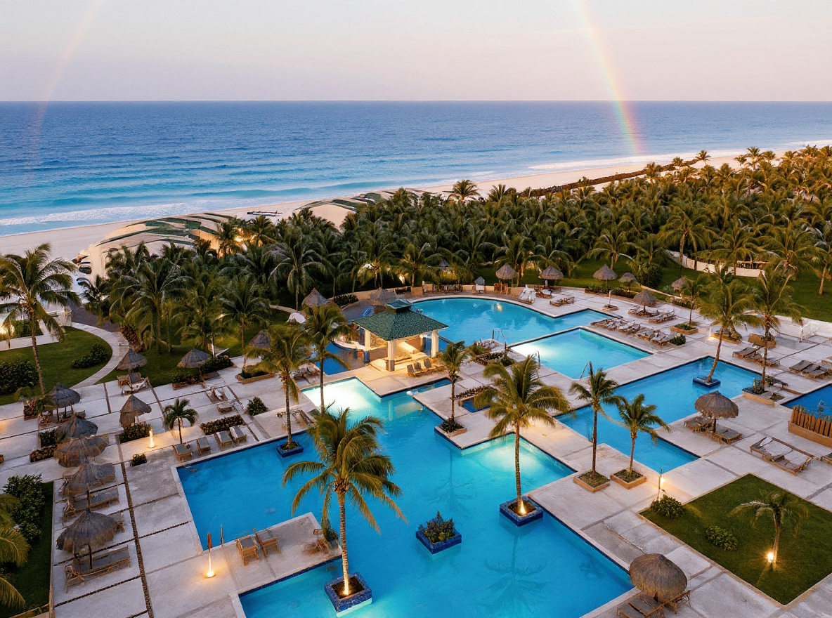 Aerial view of a luxurious resort with multiple swimming pools, palm trees, lounge chairs, and a beachfront with a rainbow in the sky.