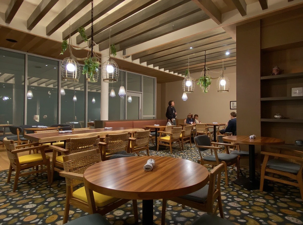 An indoor dining area with wooden tables, wicker chairs, hanging lights with plants, and a few people seated, featuring large windows.