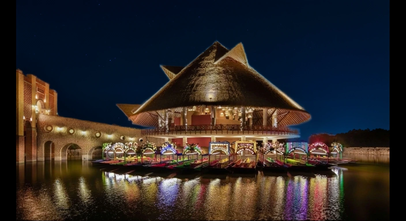 A beautifully lit circular building with a thatched roof over water, surrounded by colorful boats and an arched bridge at night.