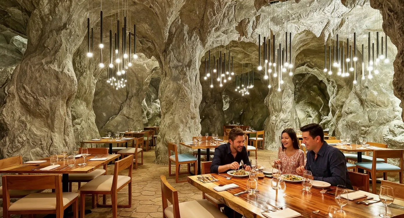 Elegant cave-themed restaurant at Royalton Splash Riviera Cancun with natural rock walls, warm lighting, and guests enjoying dinner.