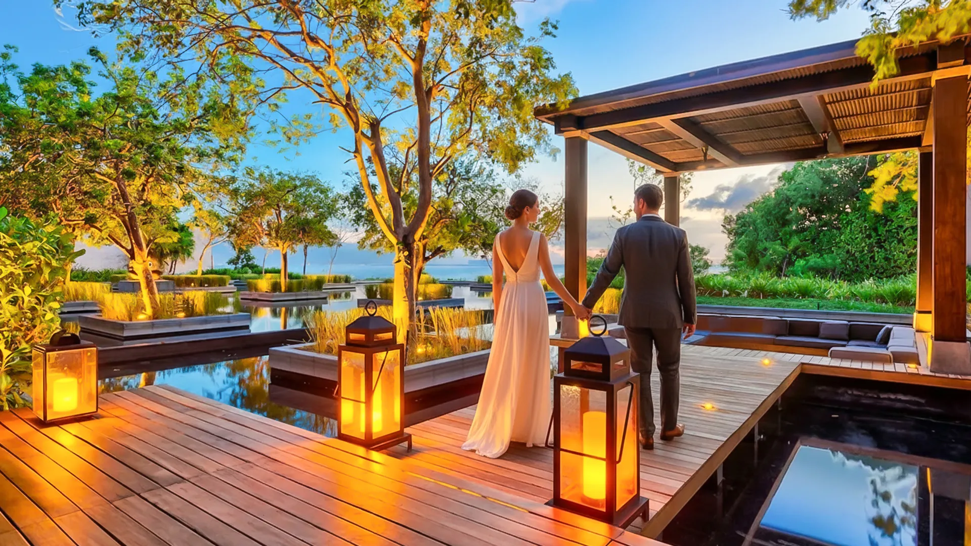 Couple enjoying sunset view from private balcony at Nizuc Resort Cancun overlooking Nichupté Lagoon.