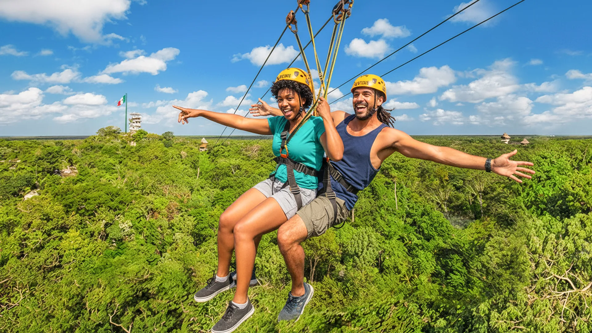 ziplining over turquoise water and waterfall surrounded by lush forest at Xplor Park.