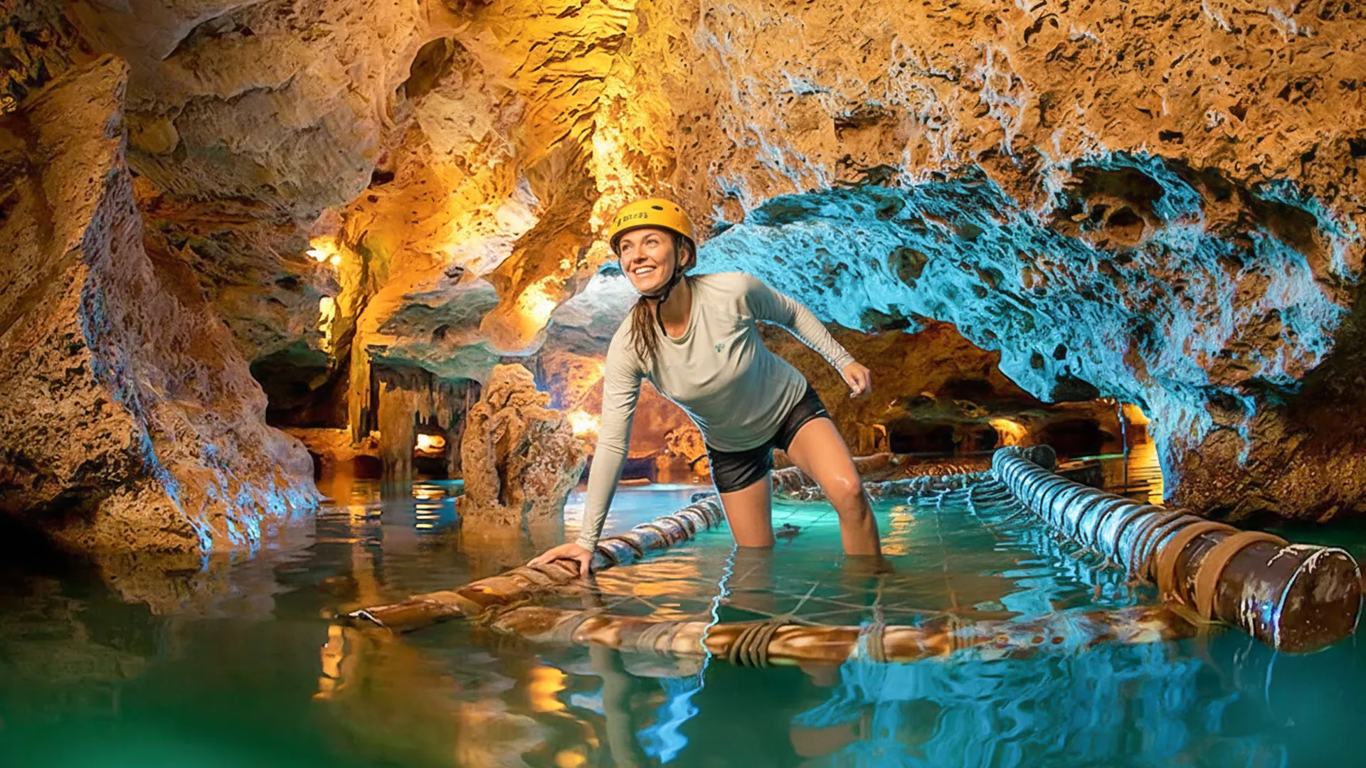 Woman balancing on a wooden raft inside an illuminated cave river at Xplor Park.