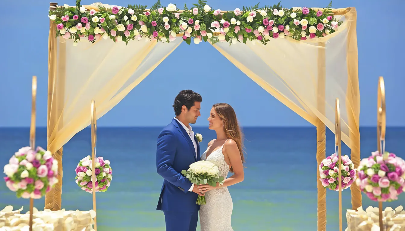 Wedding ceremony setup at Royalton Riviera Cancun with couple standing under a floral arch by the sea.