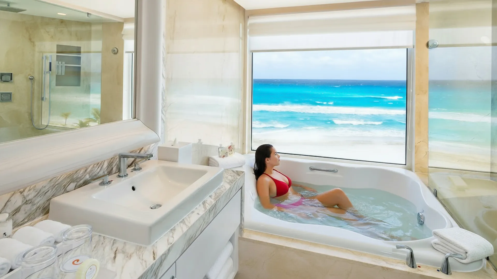 Alt text: Woman relaxing in a luxurious bathtub with ocean view at Le Blanc Cancun, enjoying the serene atmosphere.