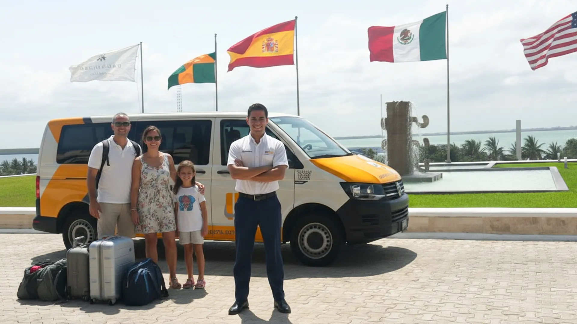 Family arriving at Le Blanc Cancun with a friendly staff member by the shuttle van, ready for a smooth and welcoming transfer.