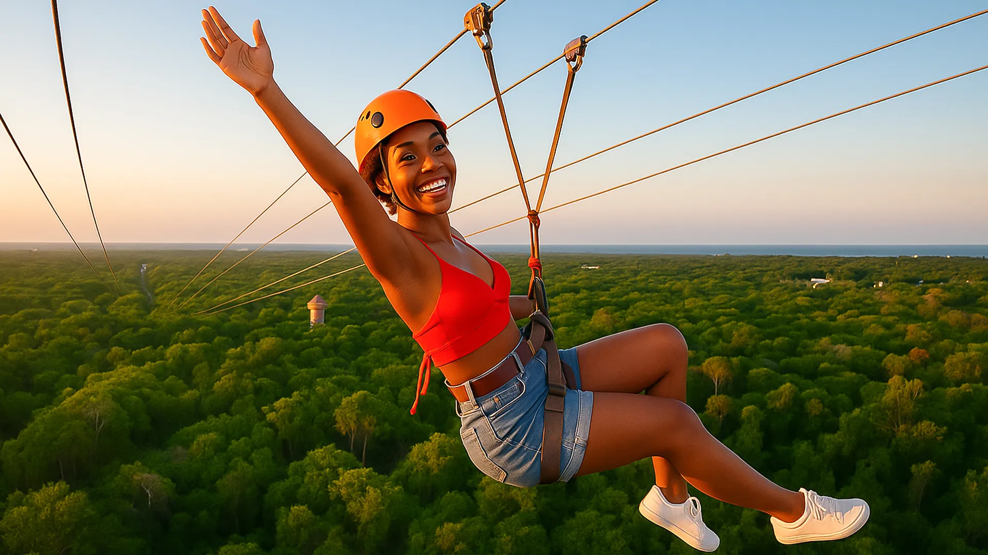 Woman ziplining over turquoise water and waterfall surrounded by lush forest at Xplor Park.