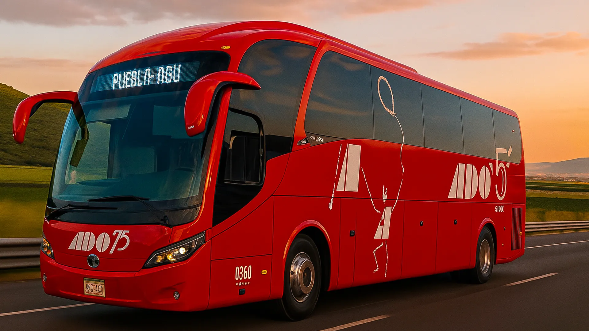A red ADO bus with a digital sign reading "Puebla-Agu" traveling on a highway, featuring white decorative graphics, captured during a sunset with green hills in the background.