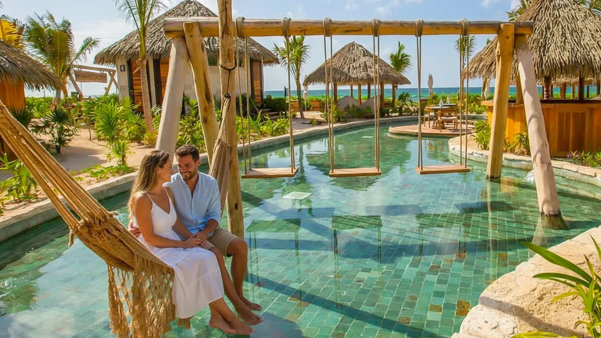 A couple relaxing on a hammock swing over a clear pool surrounded by tropical plants and thatched-roof structures, with a serene beach view in the background, timestamped at 5:58 AM.
