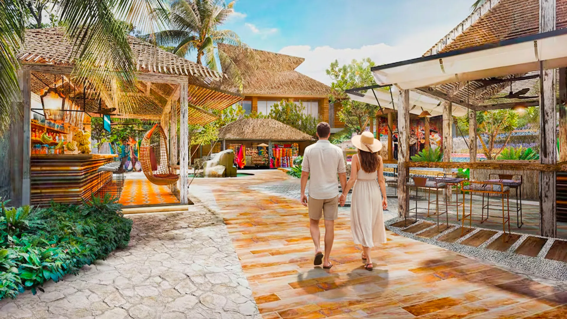 A couple walking hand in hand along a tropical pathway lined with lush greenery, thatched-roof buildings, and outdoor seating areas at a resort, with a timestamp of 6:06 AM.