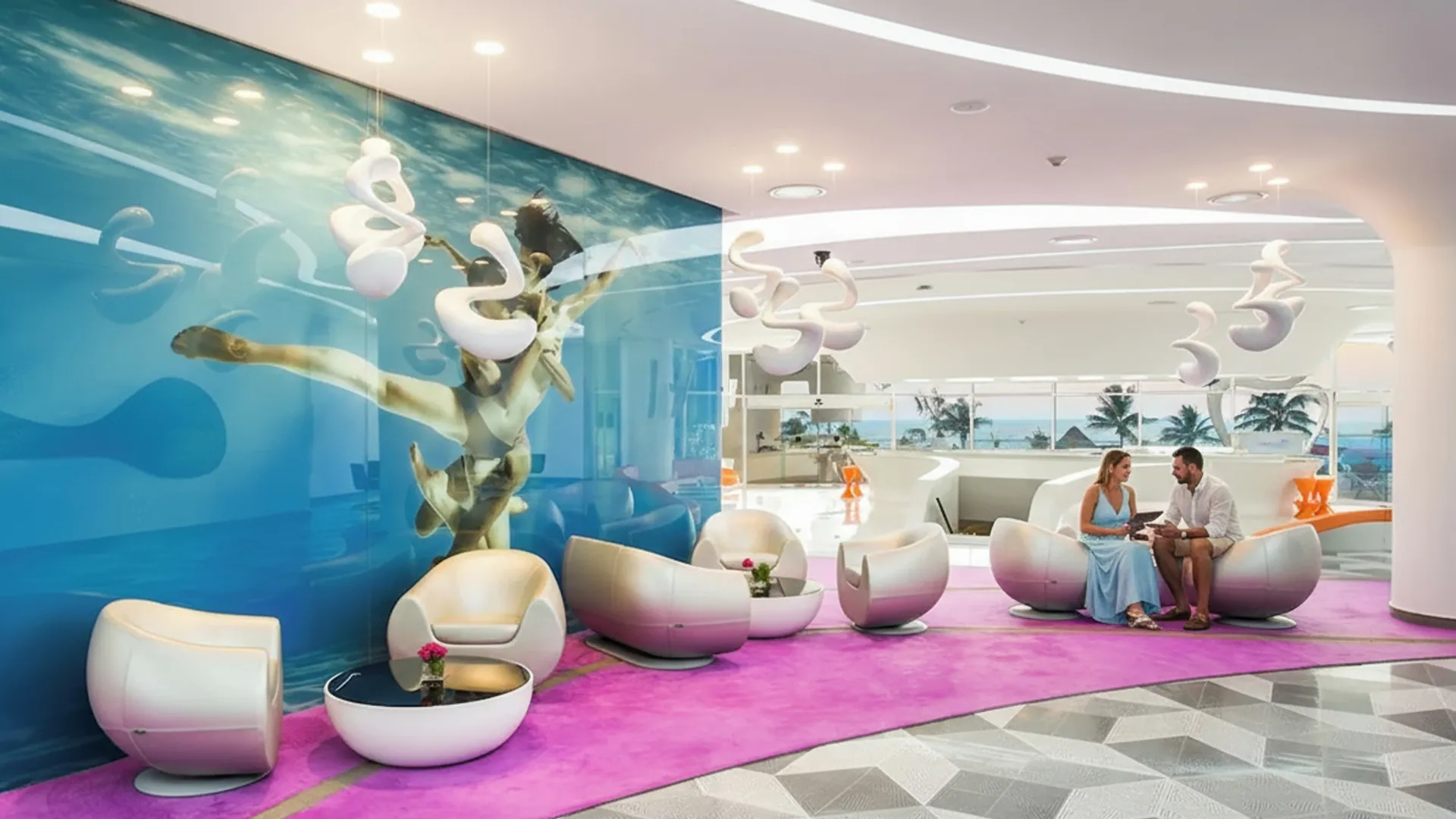 A couple sitting on modern pod chairs in a colorful lounge area with a blue wall mural, ocean view, and unique hanging decor.