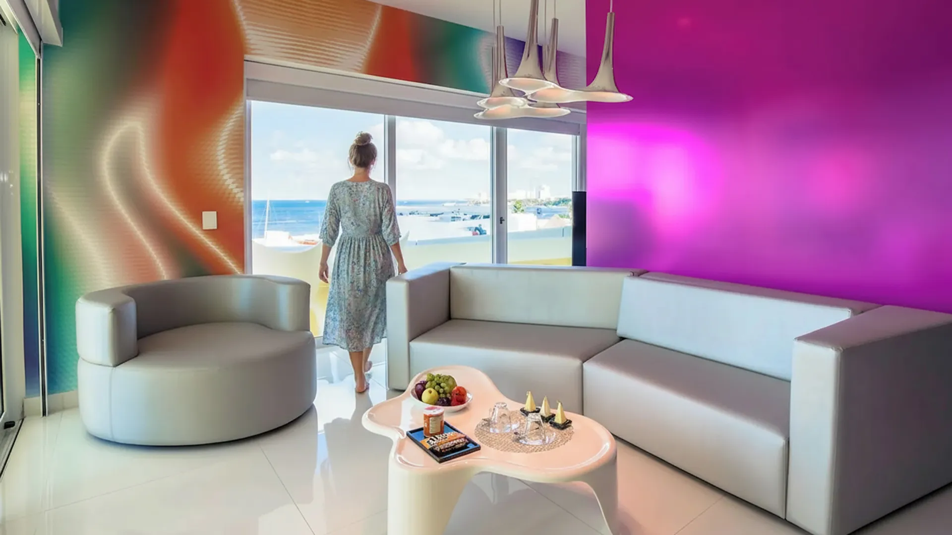 A woman in a floral dress standing by a large window overlooking the ocean, with modern furniture including a curved sofa and a coffee table with fruit and drinks in a brightly colored room.
