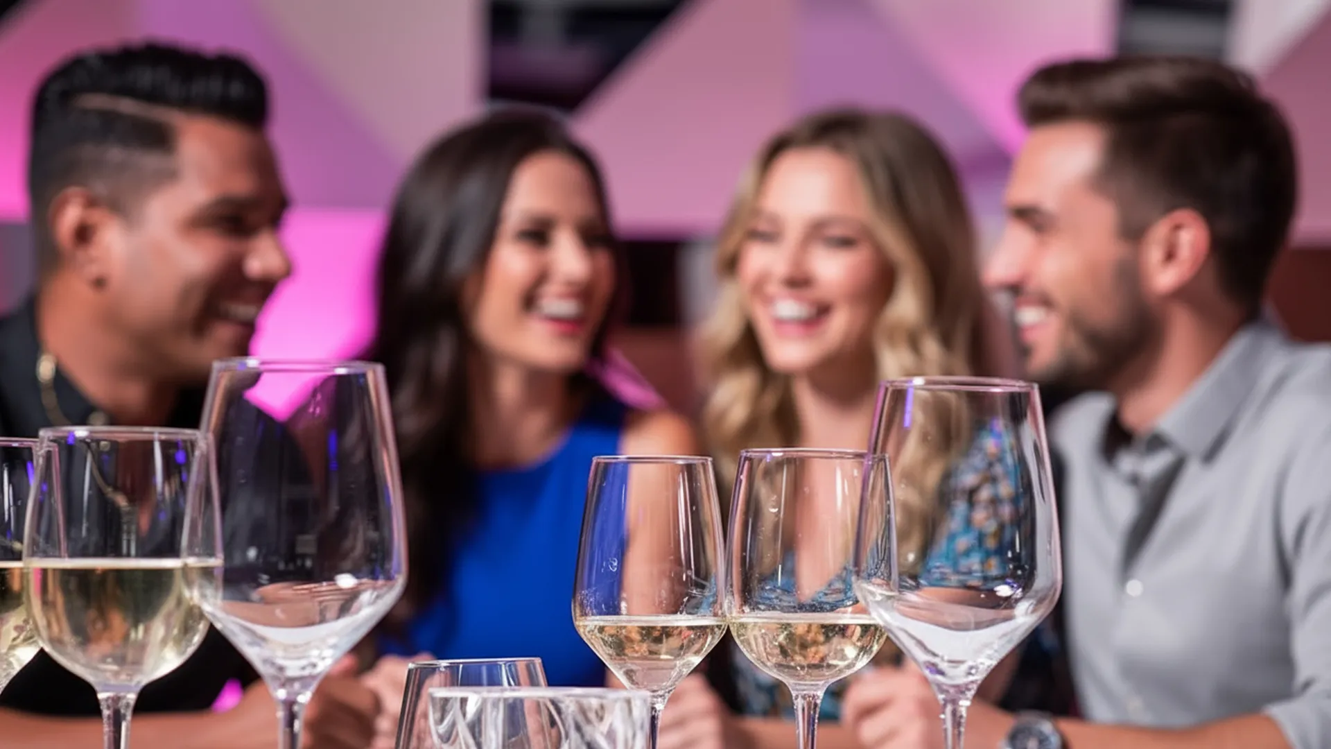 A group of friends laughing and holding wine glasses at a vibrant table setting with pink lighting in the background.