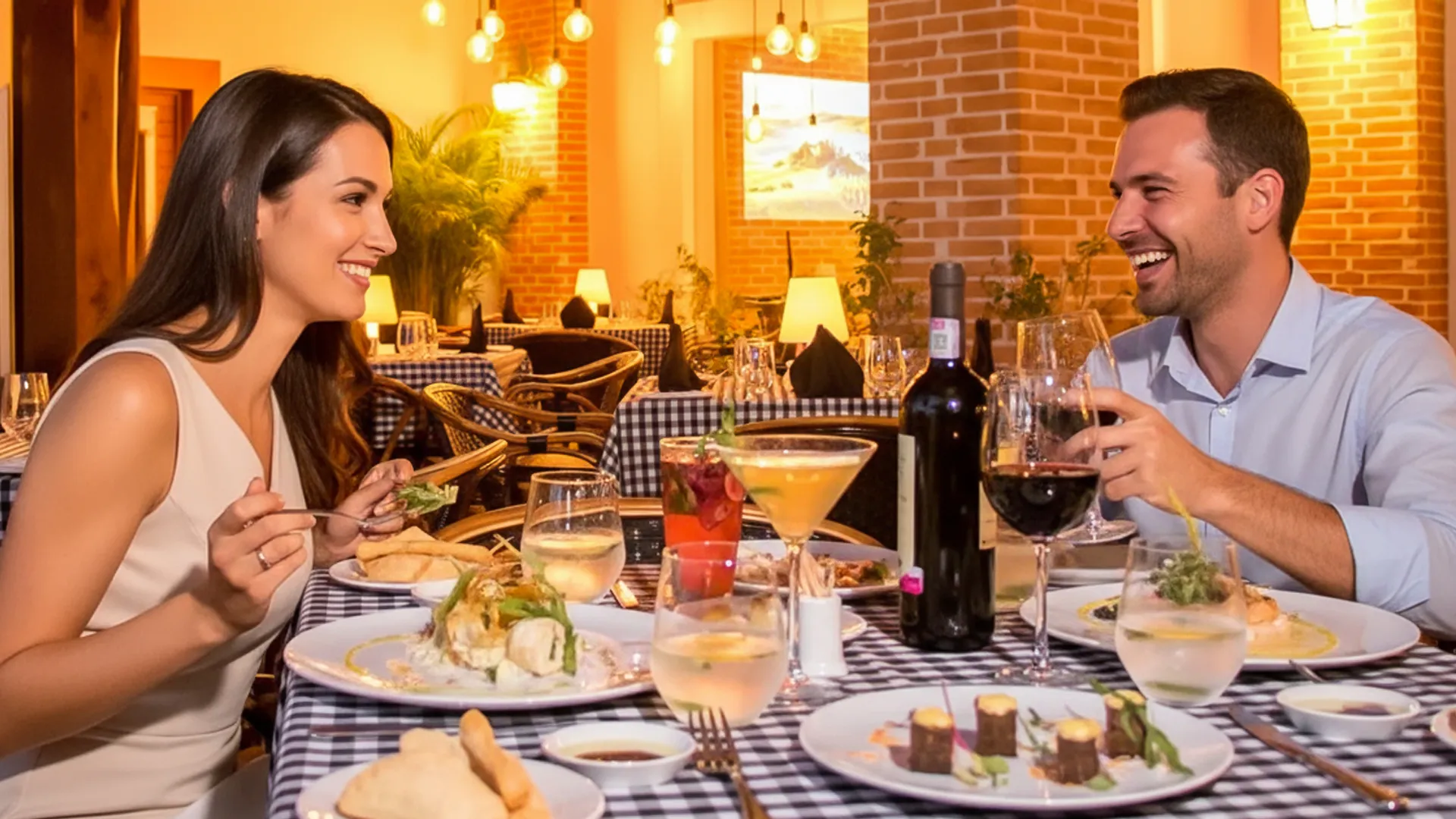 A couple dining at a table in a warmly lit restaurant with brick walls, enjoying wine, cocktails, and a variety of gourmet dishes on a checkered tablecloth.