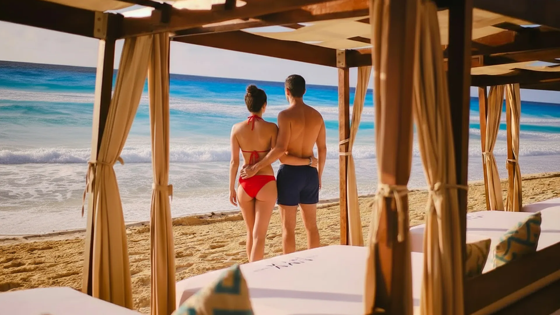 A couple standing together inside a beachfront cabana, with the woman in a red bikini and the man in blue shorts, facing the turquoise ocean waves.