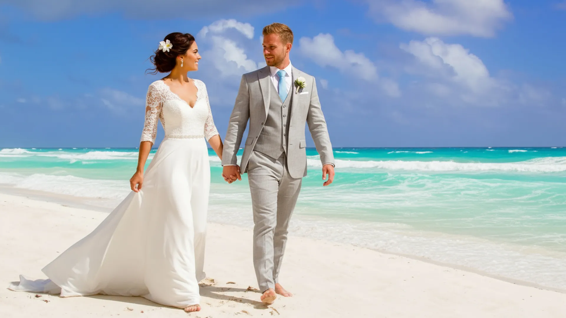 Bride and groom walking along the white sandy beach at Hotel NYX Cancun after a beachfront wedding ceremony. 