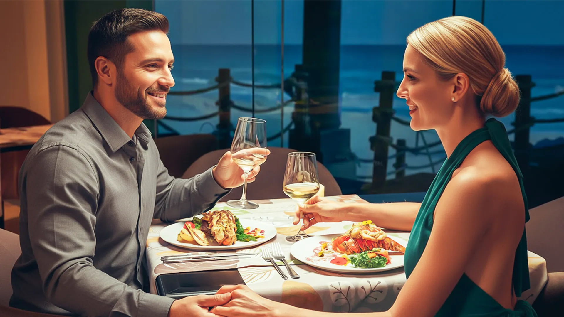A couple in formal attire toasting with wine glasses at a table with gourmet dishes, overlooking the ocean through a large window.