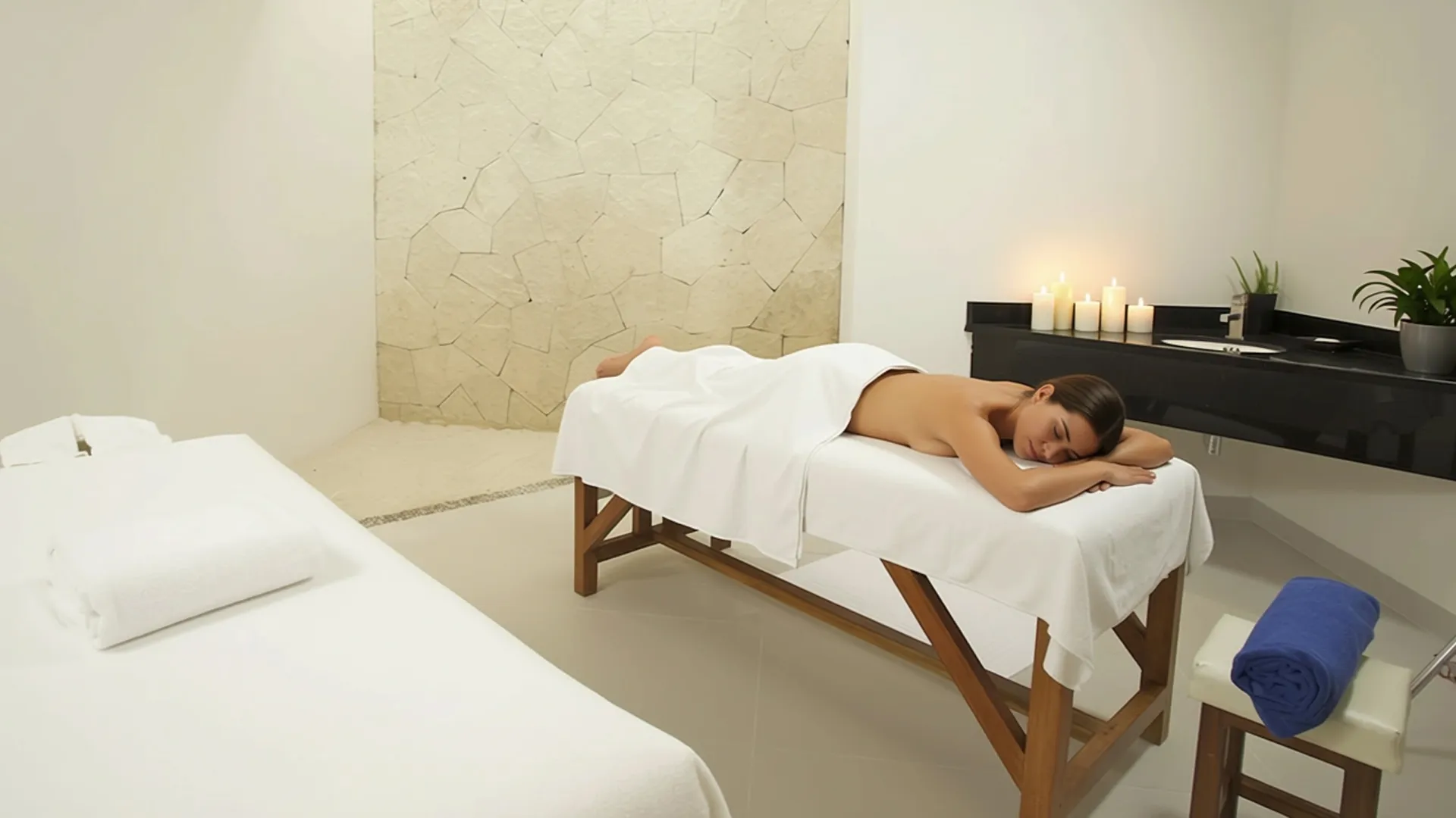 A serene spa room with a person lying face down on a massage table covered with a white sheet, surrounded by candles, a potted plant, and a second empty table.
