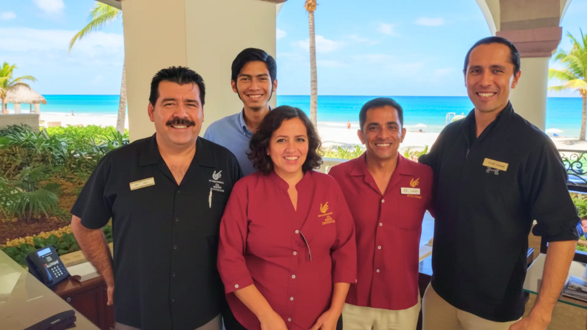 A group of five smiling resort staff members standing outdoors with a tropical beach and ocean in the background, wearing uniforms with name tags.